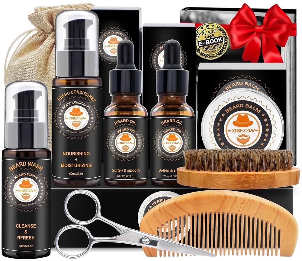 XIKEZAN Beard Grooming Kit for Men with Wash Conditioner Oil Balm Brush Comb