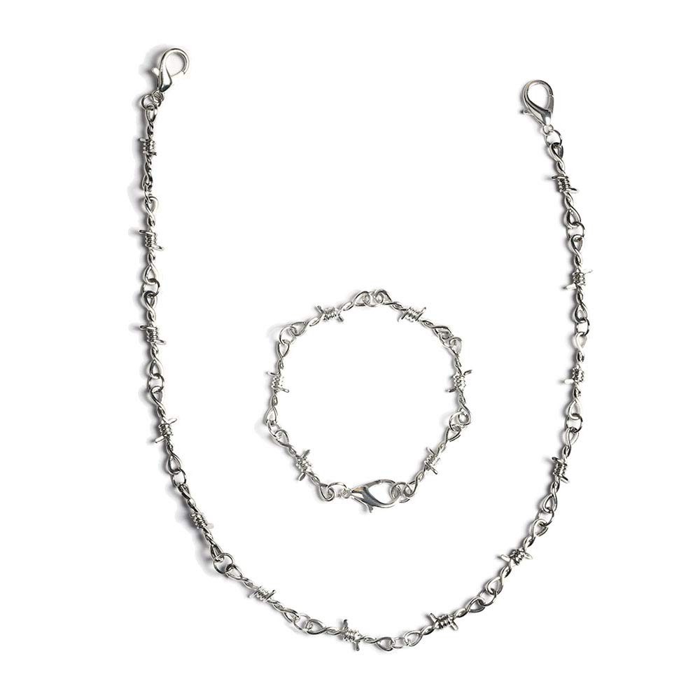 Punk Gothic Thorns Metal Barbed Wire Chain Necklace Bracelet Silver Jewelry.