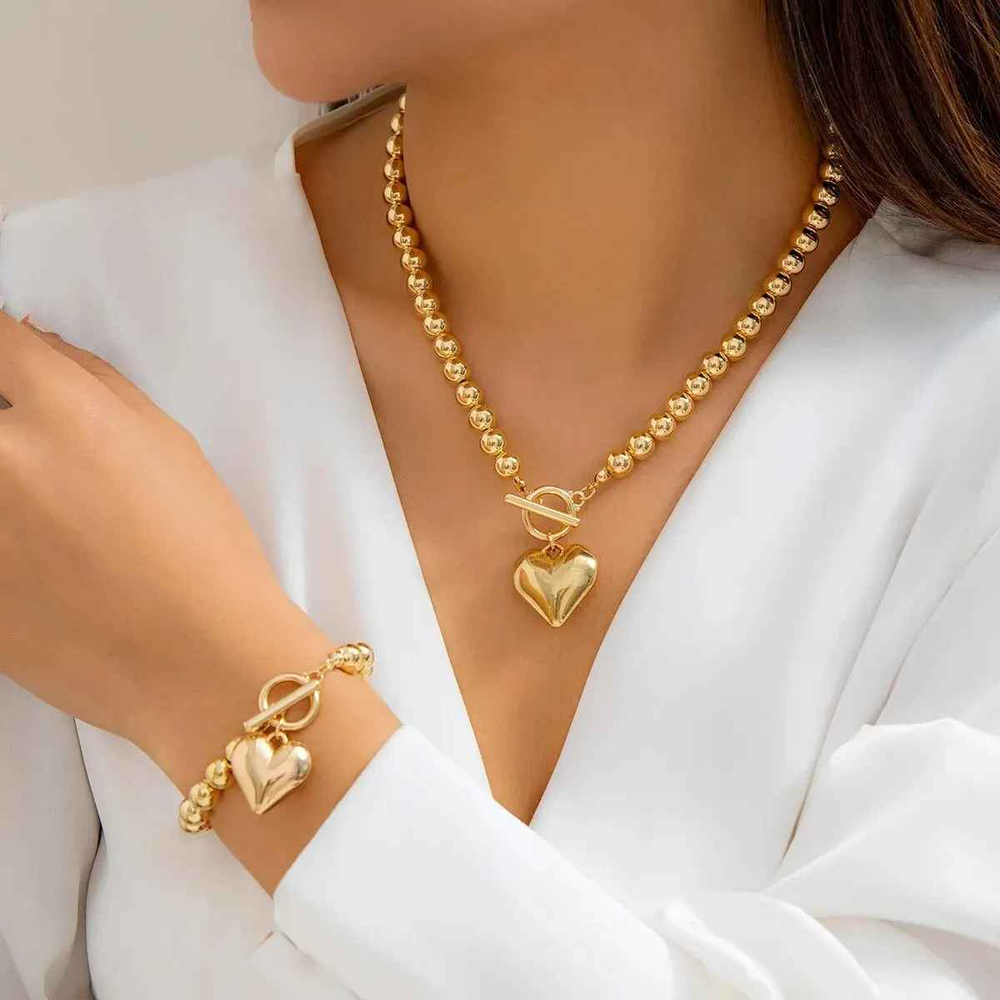 2Pcs Luxury Gold Color Beads Heart Pendant Necklace Bracelet for Women Wedding