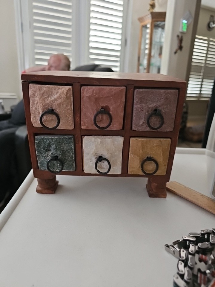 Multi Colored Natural Stone Faced 6 Drawer Jewelry Trinket Box 6.5” Tall. EUC