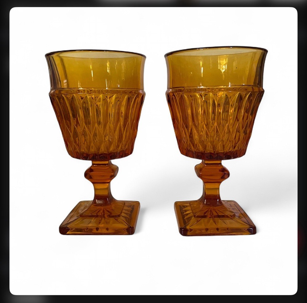 Vintage Indiana Glass Mt. Vernon Amber  Goblets 6” Preowned Good Condition 2 Qty