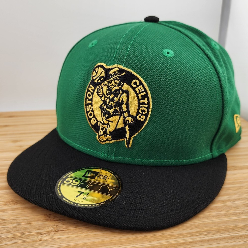 Boston Celtics Fitted Hat Cap, Gold Logo, Side Hit, New Era 59Fifty, Flat, 7 7/8