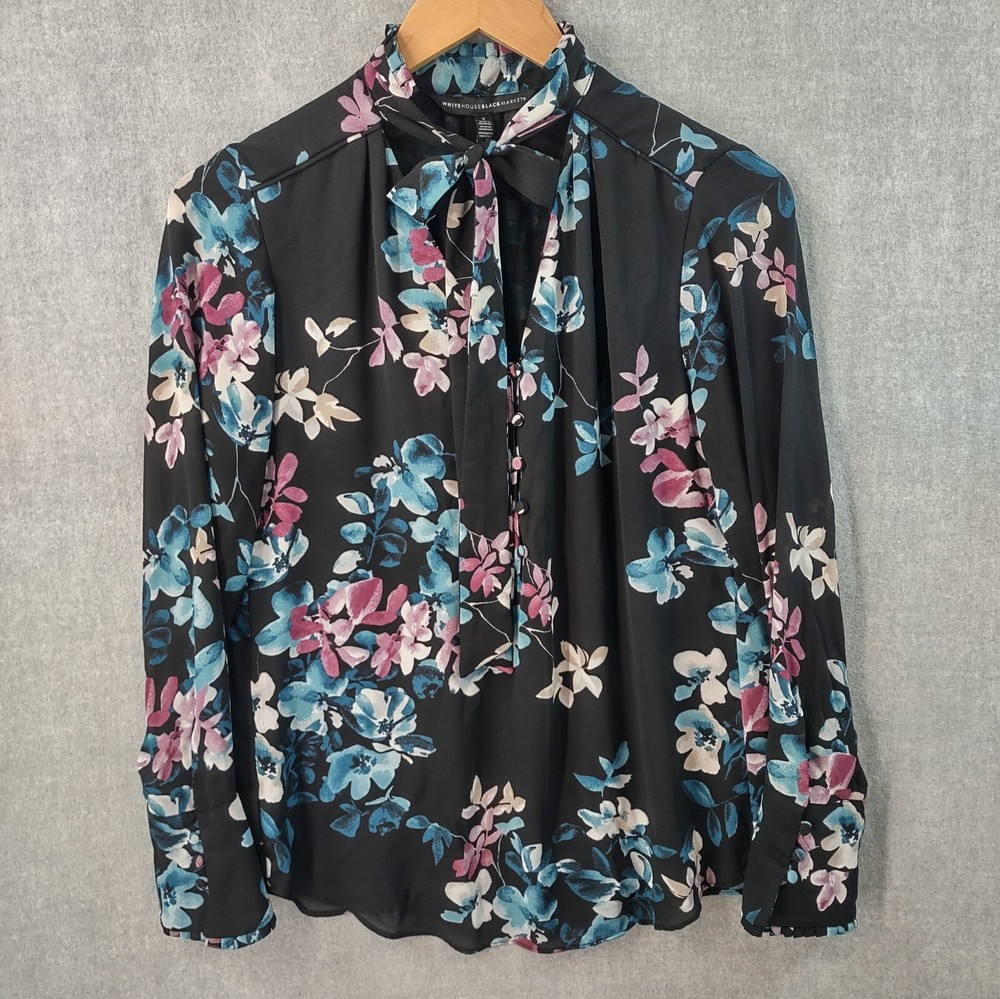 White House Black Market Top Womens 2 Black Chiffon Floral Tie Neck Long Sleeve