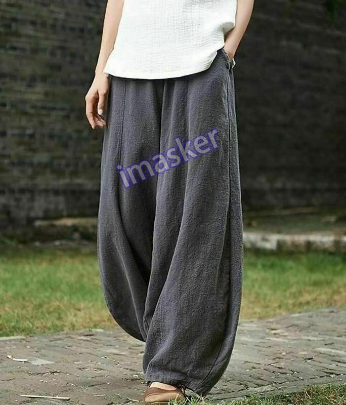 Women's Linen Bloomers Wide Leg Pants Summer Casual Pants Elasitic Waist