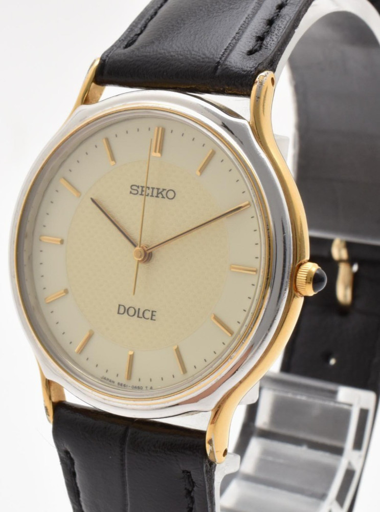Vintage SEIKO Dolce 5E61-0A20 Gold Dial 32mm Quartz Men's Watch Near MINT JAPAN