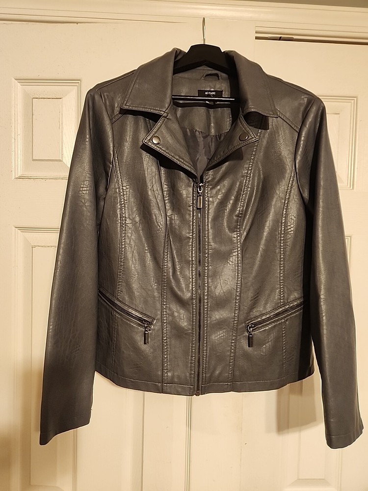 ALFANI Women's Gray Faux Leather Zip-Up Jacket, Size L