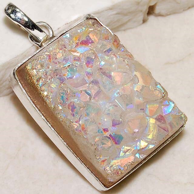 Natural Silver Titanium Druzy 925 Sterling Silver Pendant Jewelry @B10-3