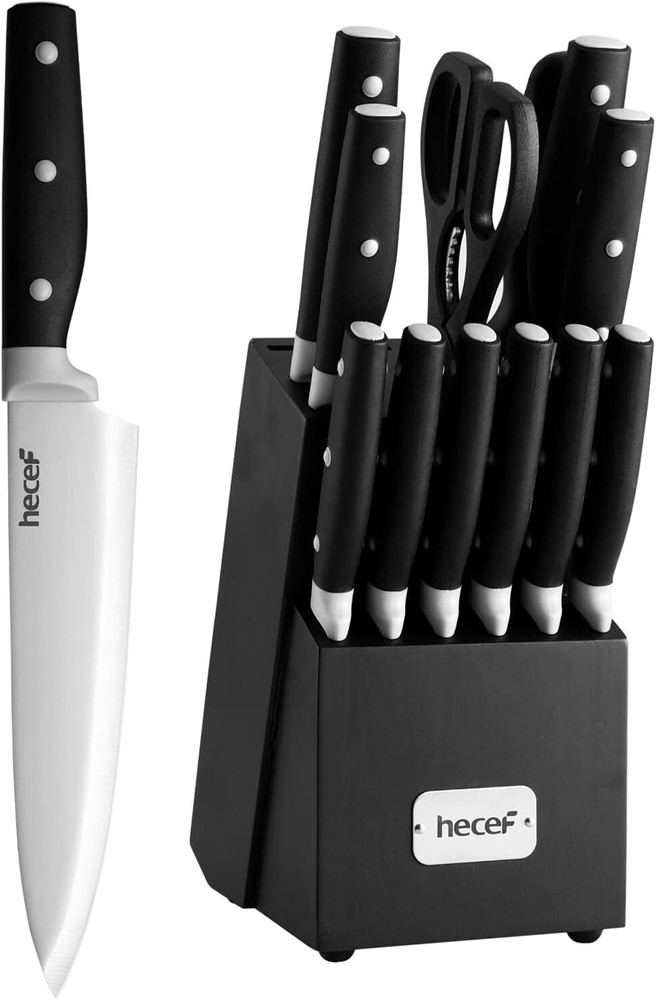Kitchen Knife Block Set, 14 Pieces Knife Set with Wooden Block & Sharpener
