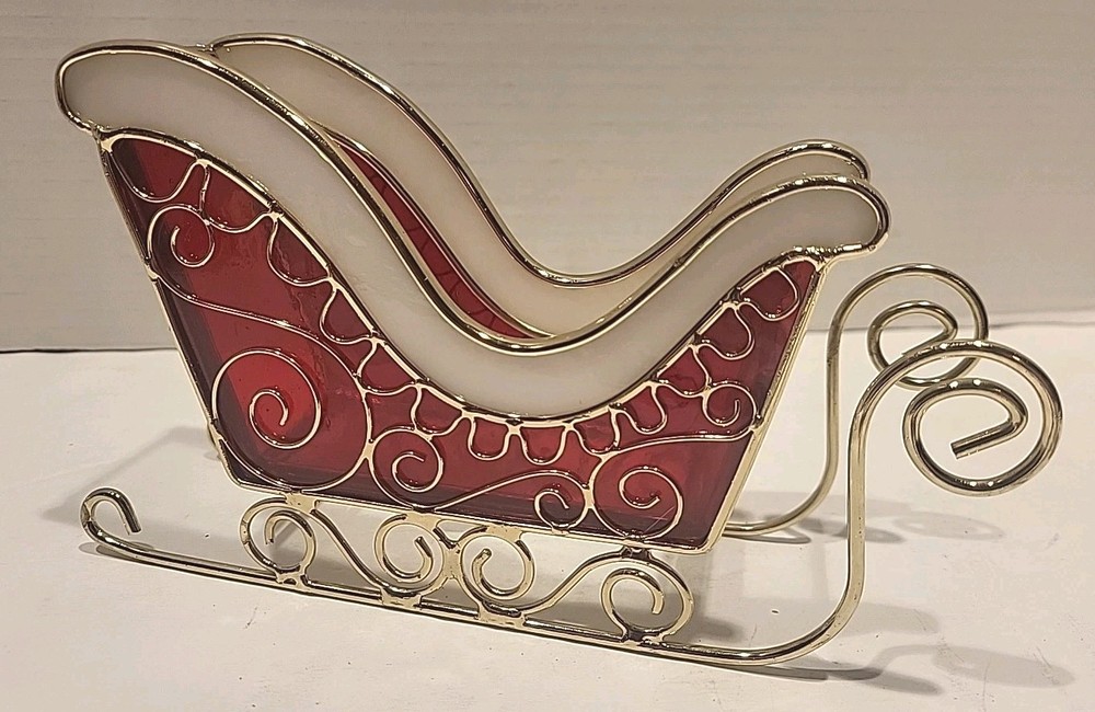 Vintage Christmas Santa Sleigh Stained Glass Red & White Holiday Decor Mint Cond
