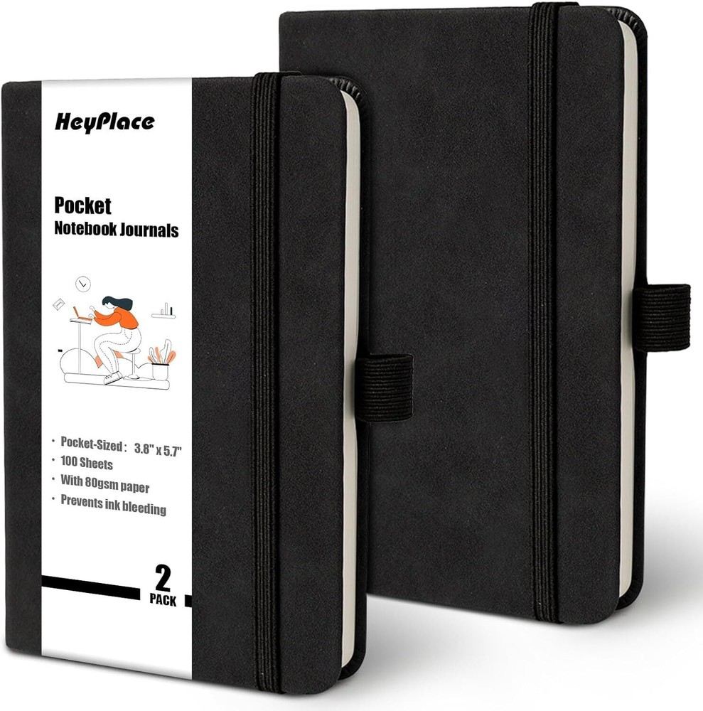 2 Pack Black Pocket Journal with Pen Holder - 3.8x5.7 Medium Notebook