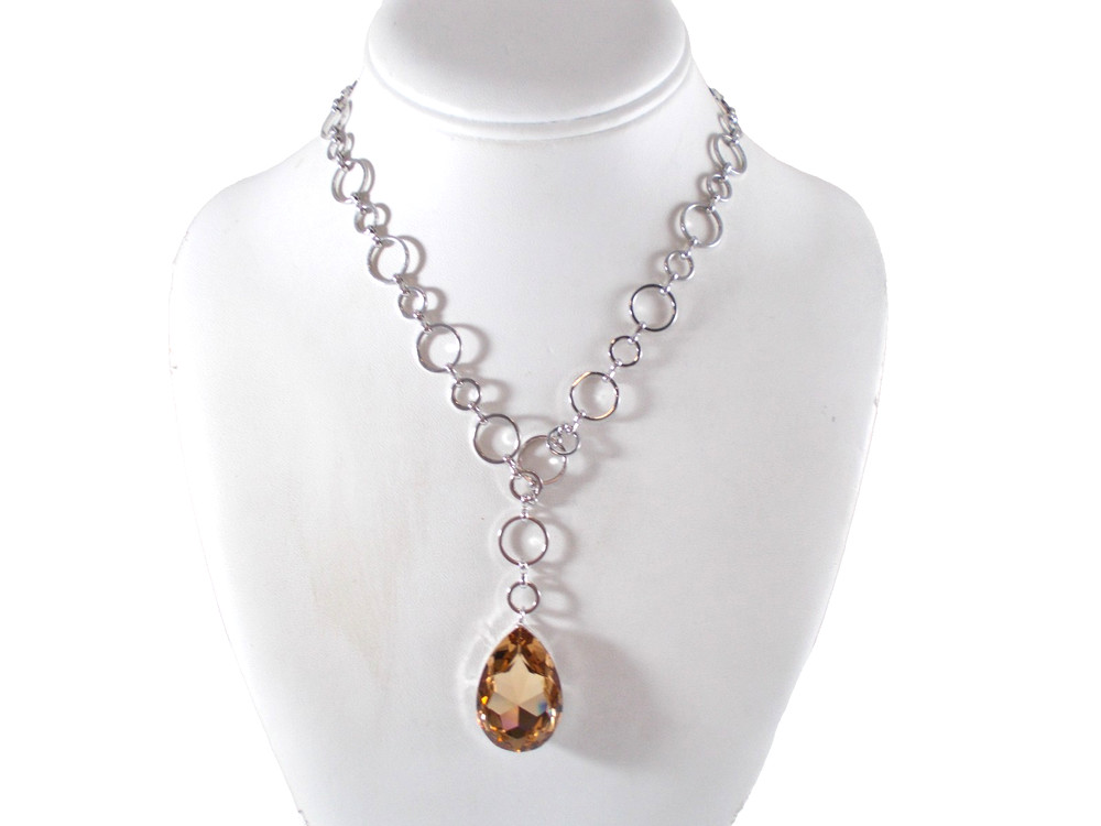 Topaz Color Foiled Back Glass Teardrop Pendant Silver Tone Necklace Free Ship