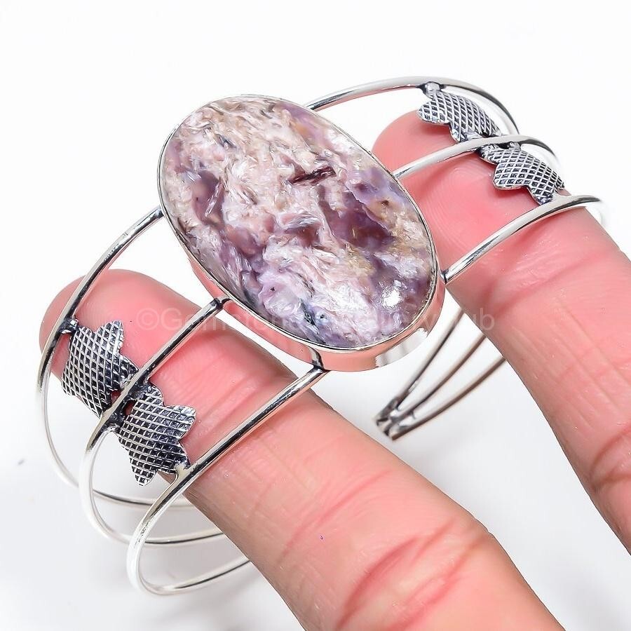 New Year CHAROITE Stone 925 Silver Vintage Sister Wedding Anniversary Cuff Bracelet