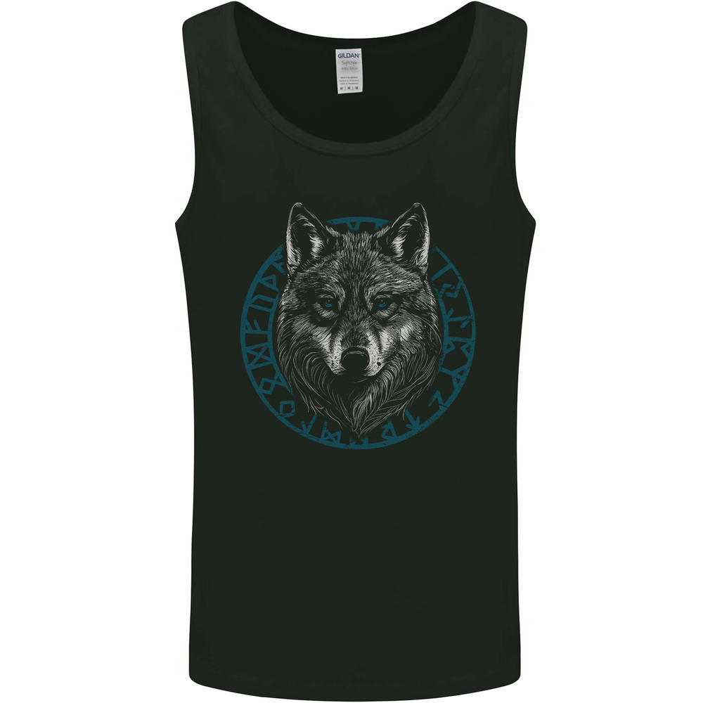 A Wolf in Viking Symbols Text Valhalla Mens Vest Tank Top