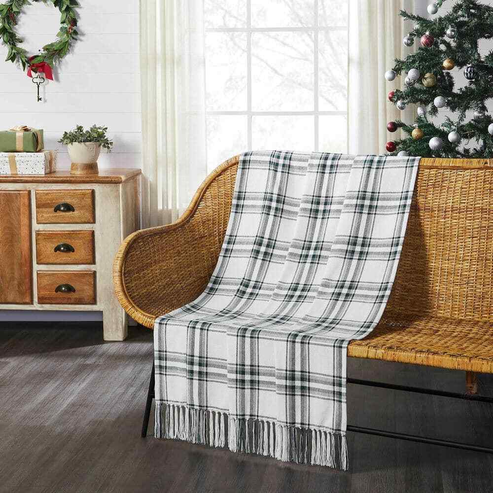 Harper Green White Taupe Plaid Woven Throw Blanket