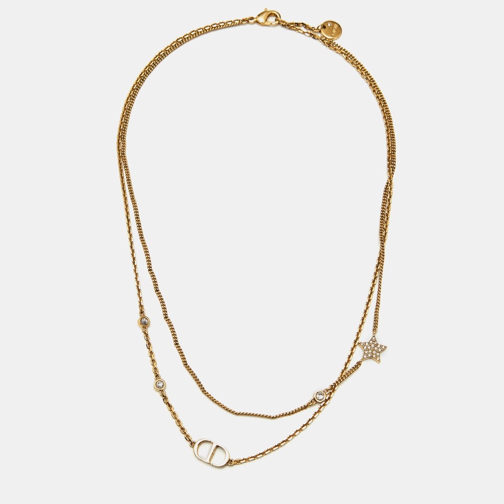 Dior Petit CD Crystals Gold Tone Double Strand Chain Necklace