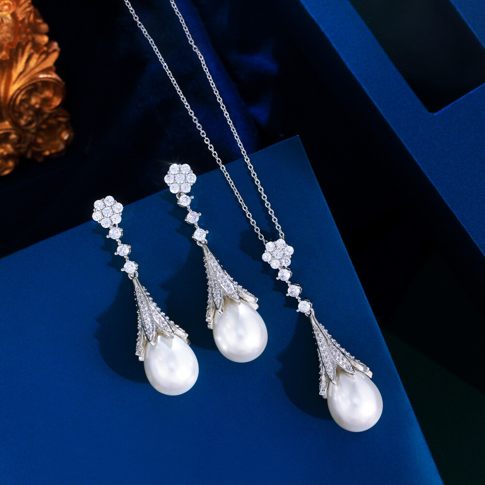 Stunning Silver Plated CZ Long Flower Pearl Pendant Necklace Earring Jewelry Set