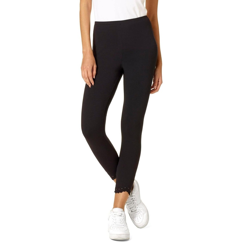 Hue Women Black Cotton Stretch Eyelet Scalloped Casual Capri Leggings Size S