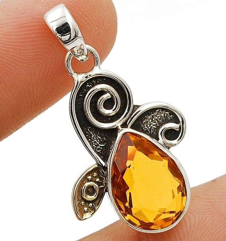 Two Tone 2CT Natural Golden Citrine 925 Sterling Silver Pendant Jewelry @11-9