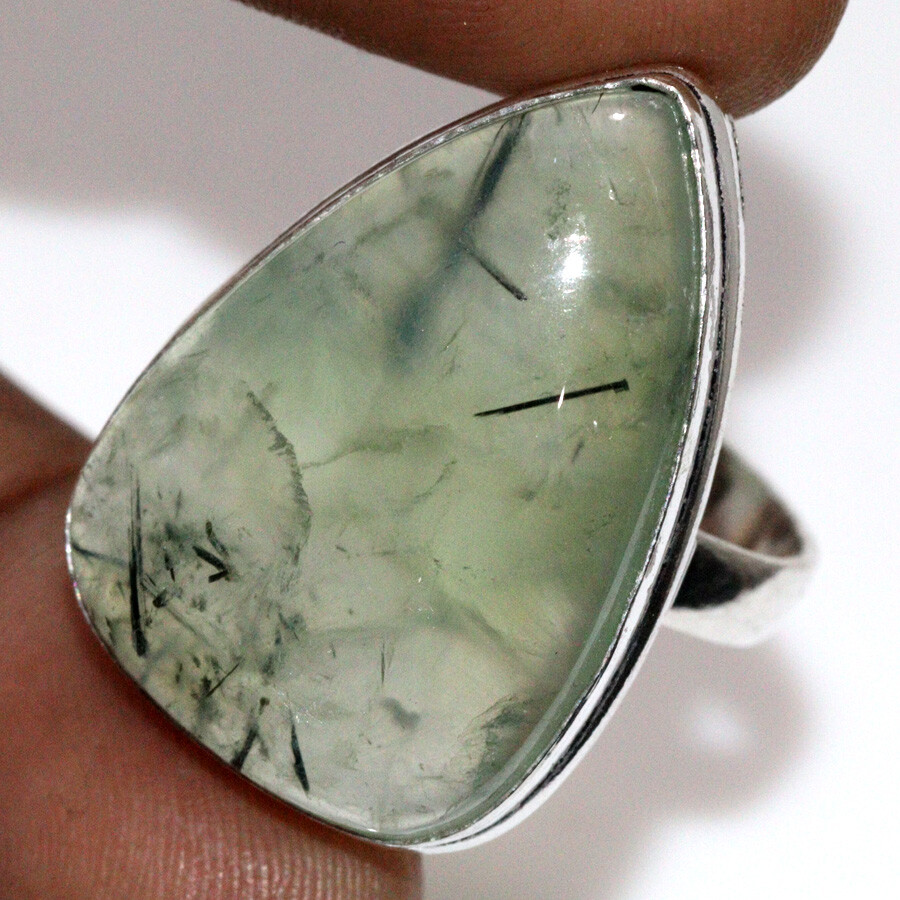 925 Silver Plated Moss Prehnite Ethnic Ring Handmade Jewelry Size US 9 JW