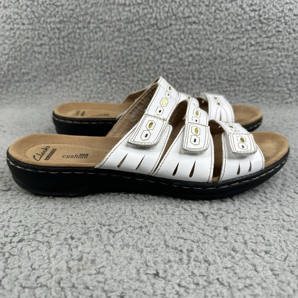 Clarks Leisa Broach White Leather Strappy Slide Sandals Size 9.5