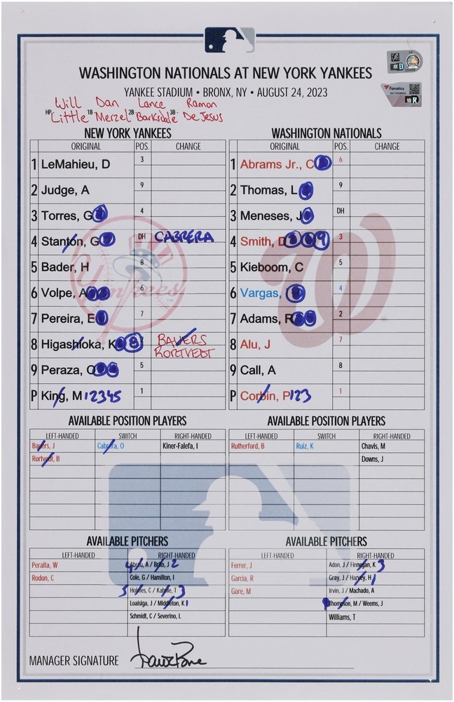 Yankees GU Lineup Card vs Nationals on 8/24/2023 - Everson Pereira First Hit