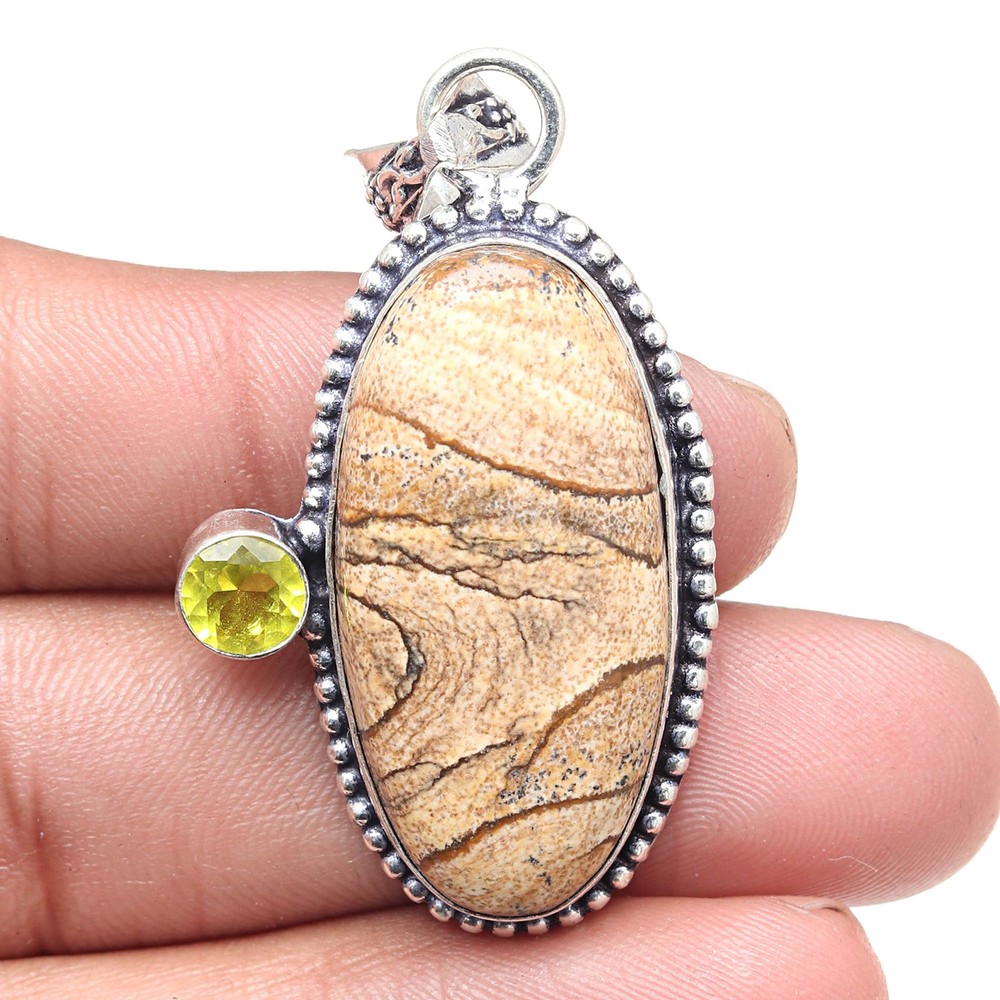 Valentines Day Silver Pendant with Picture Jasper and Lemon Topaz Gemstone 2.75 Inch