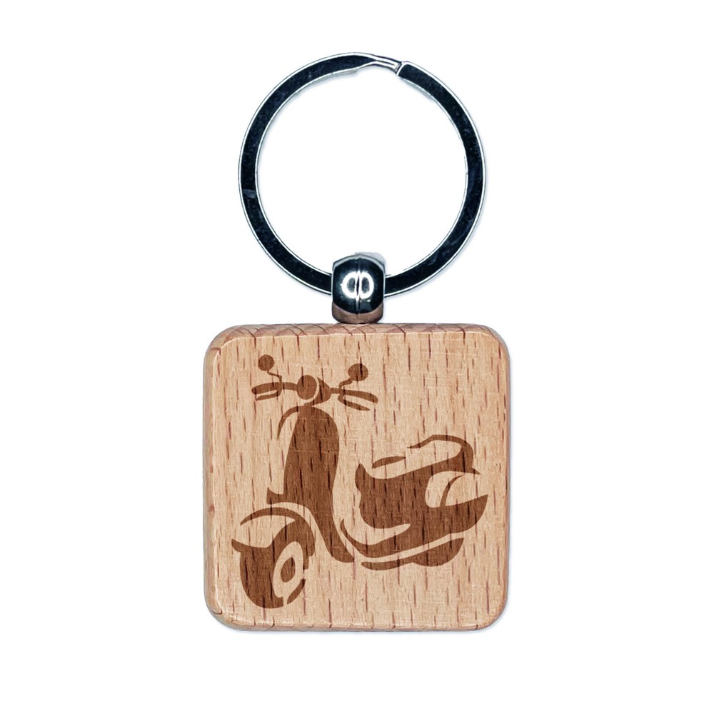 Moped Motor Scooter Motorcycle Vehicle Engraved Wood Square Keychain Tag Charm