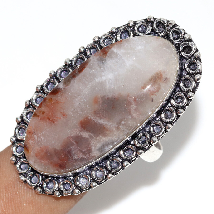 925 Silver Plated Stick Agate Gemstone Ring Size US 12.5 Elegant Gift JW