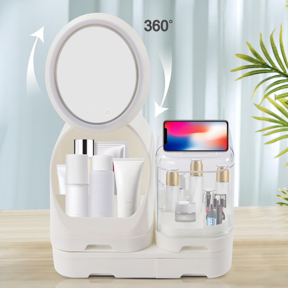 LED Makeup Organizer Storage Box Large Capacity White Tabletop