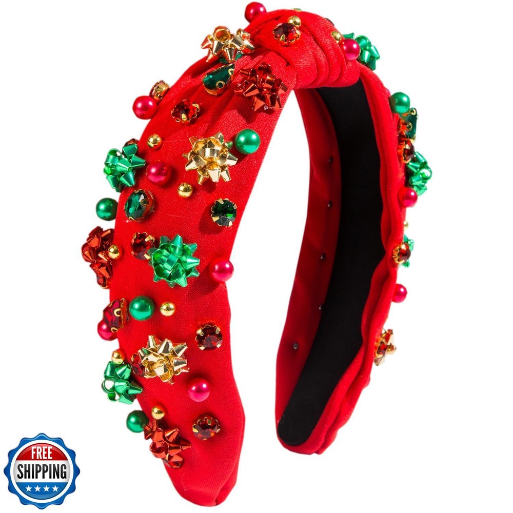Festive Knotted Christmas Headband with Red Green Pearls for Women