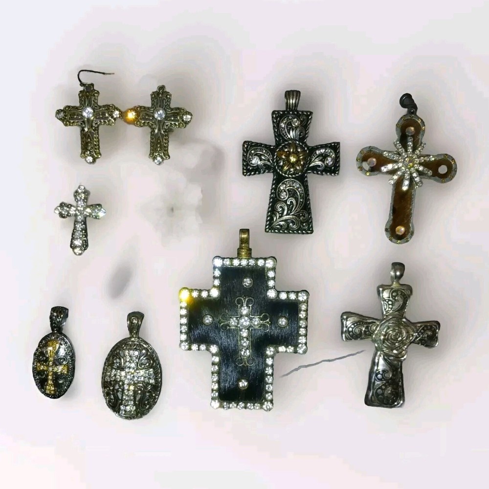 Cross Pendants Lot Of 7 + Earrings Faux Hide Rhinestone Necklaces