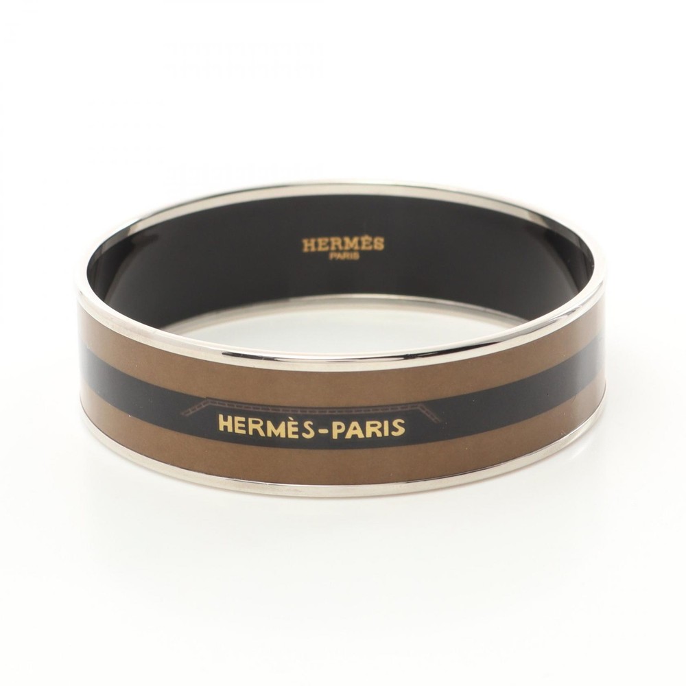 HERMES Emaille GM Bracelet bangle 21cm Stainless Steel Cloisonne Brown Used