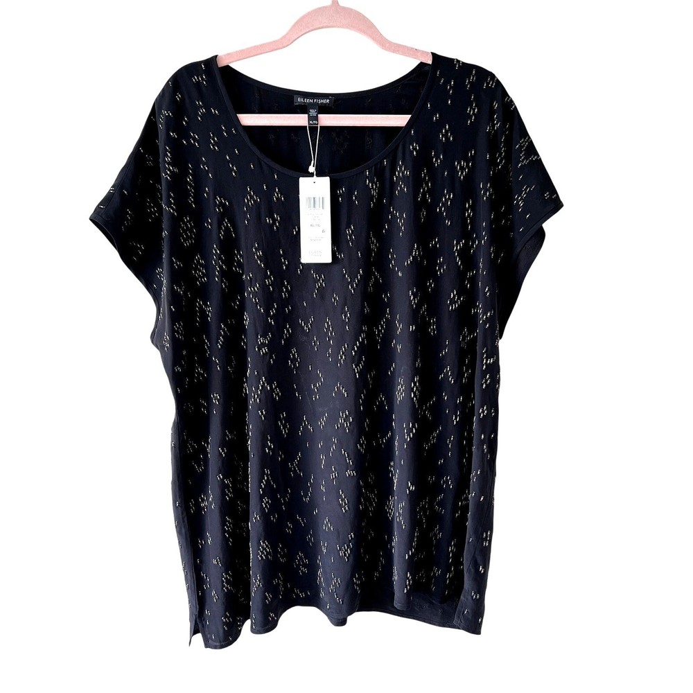 Eileen Fisher Womens Hand Beaded Silk Top Black Sz XL Quiet Luxury Sophisticated