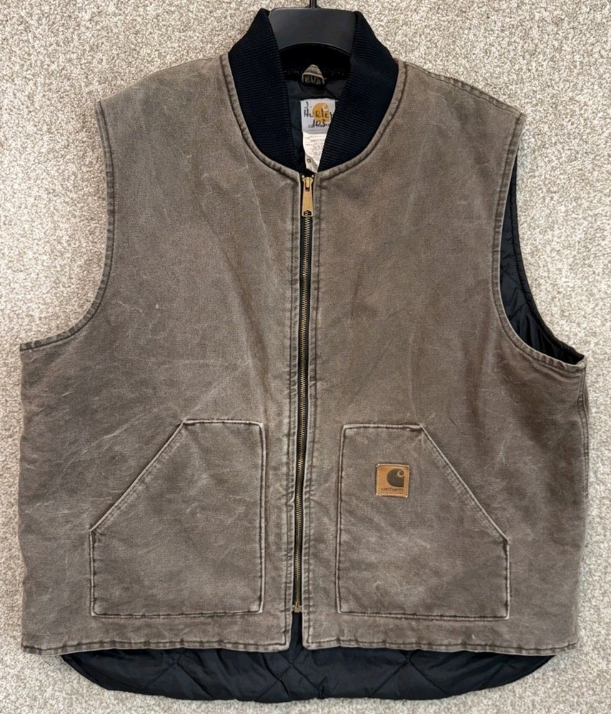 Vintage Carhartt Vest 2XL-Tall Brown Canvas USA Lined Full Zip Workwear V02CHT