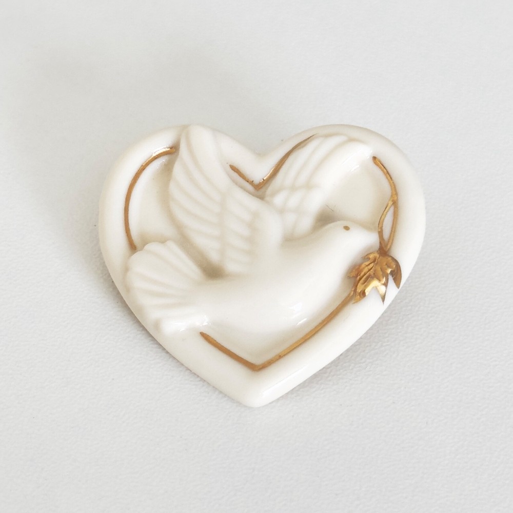 Vintage Lenox Signed White Porcelain Dove Bird Heart Valentine's Day Brooch Pin