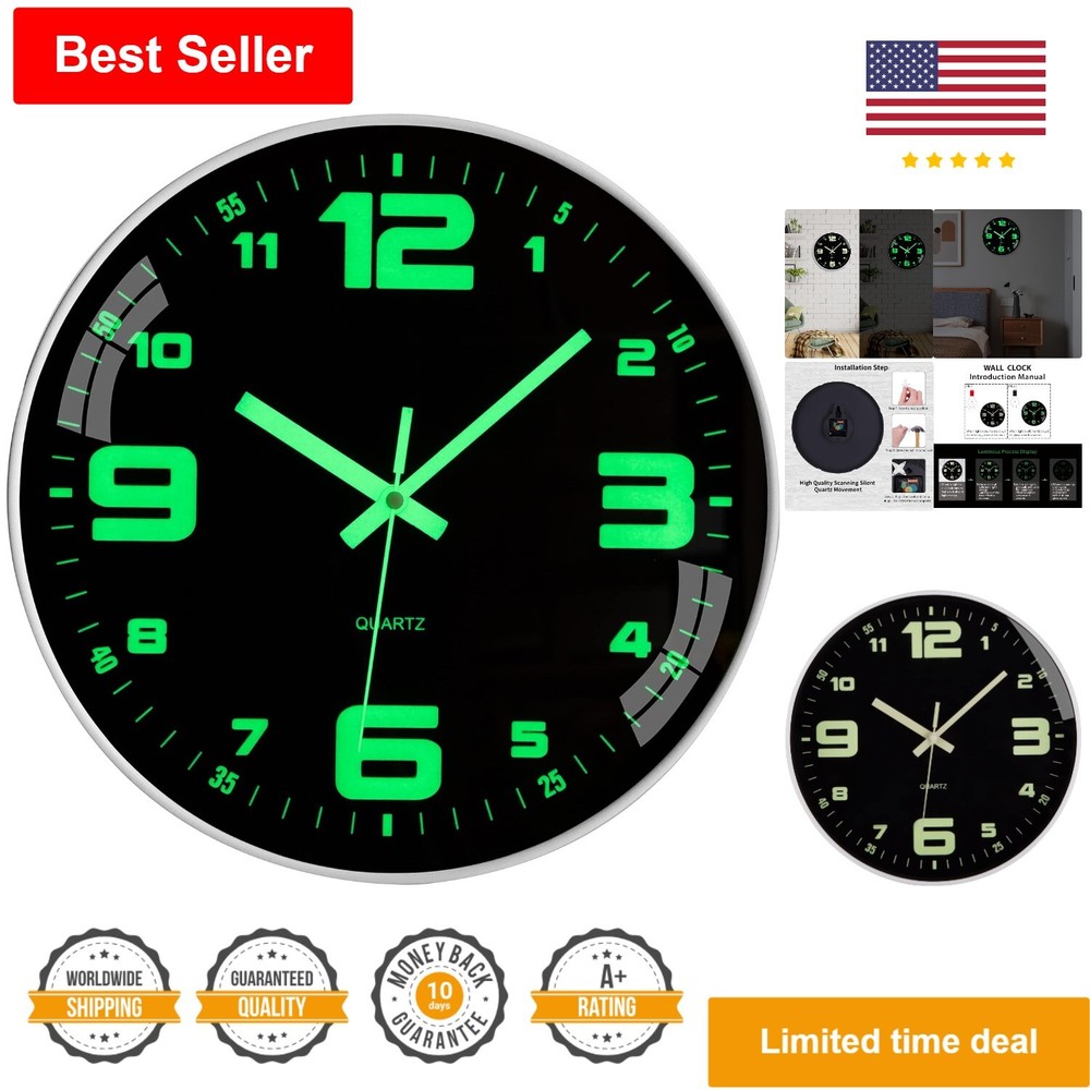 Glow in the Dark Silent Wall Clock - Easy Read 12 Inch Non-Ticking