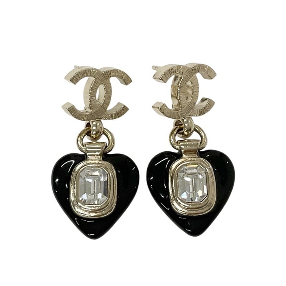 CHANEL CC Rhinestone Black Heart Dangle Earrings Gold Tone B21K with Box
