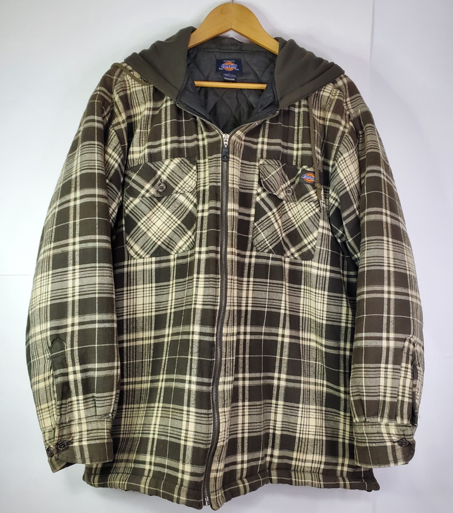 Dickies Hooded Quilted Flannel Jacket in Brown Green Plaid Size M L Full Zip