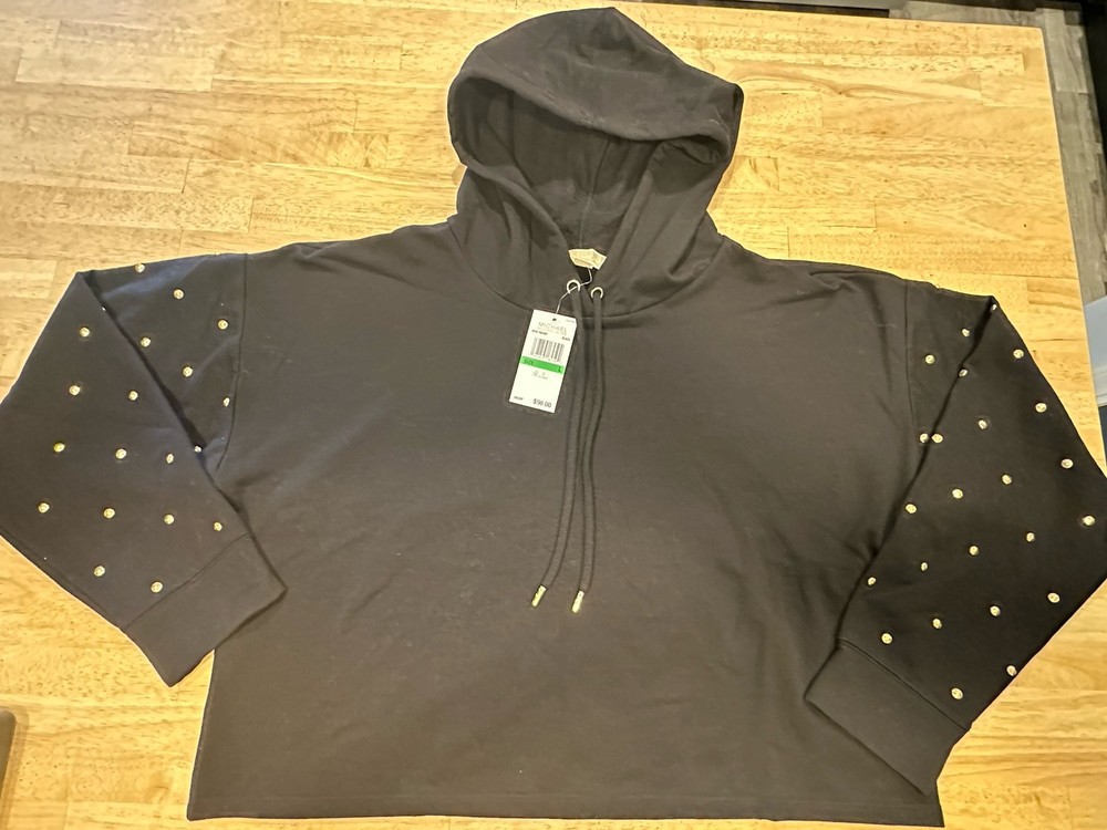 NWT Michael Kors Womens Size L Black Gold Studded Hoodie MK Designer 2024