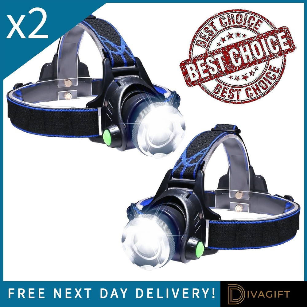 2 x ZOOM HEADLAMP HEAD TORCH 9000 LM RECHARGEABLE T6 LED HEADLIGHT FLASHLIGHTS