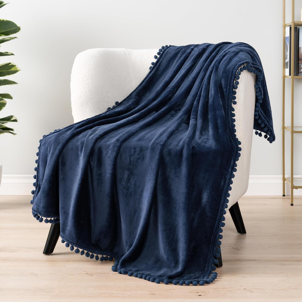 PAVILIA Navy Blue Fleece Throw Blanket with Pom Pom Fringe for Couch - Soft & Cozy