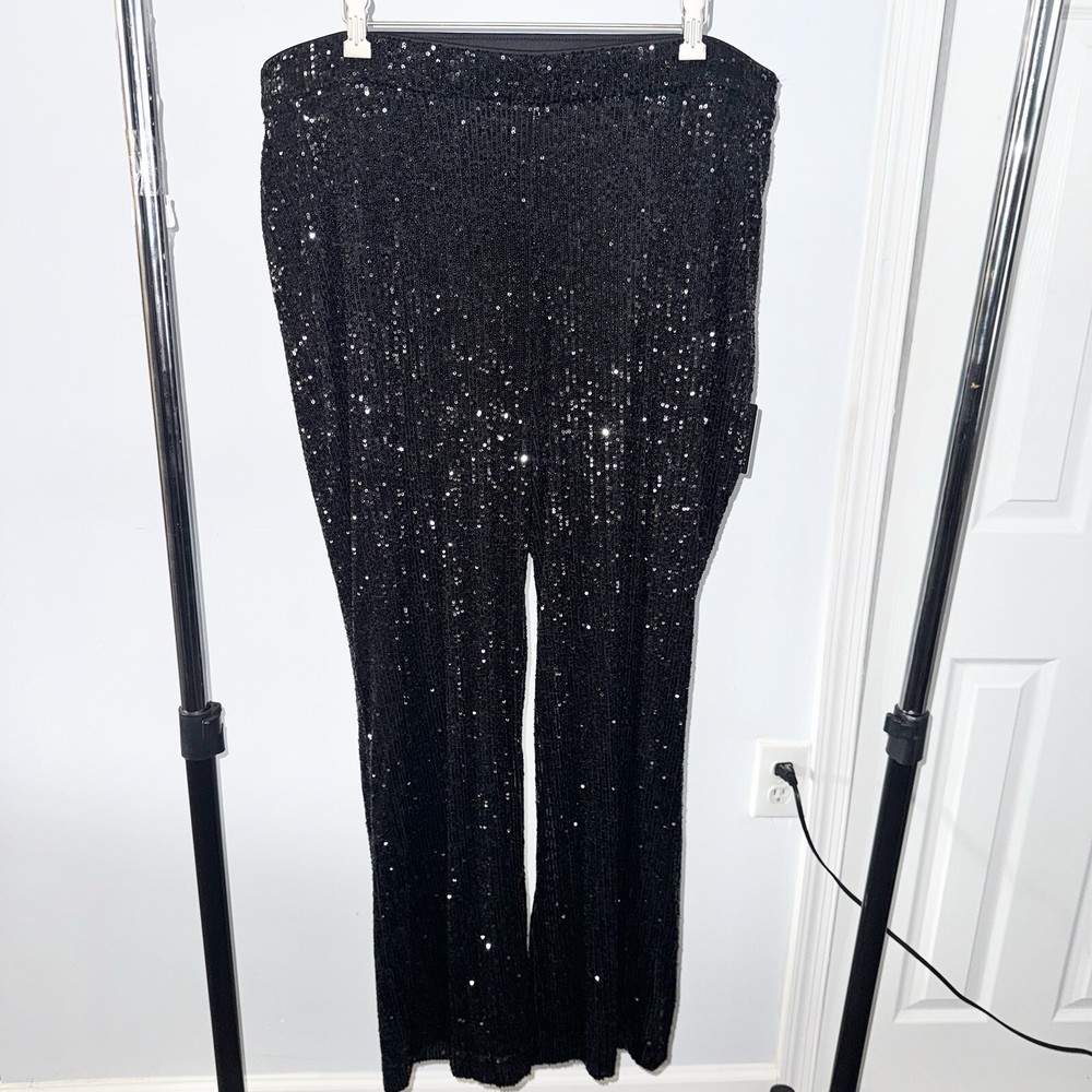 Express Black Sequin Pull On Wide Leg Pants Size XL NWT!
