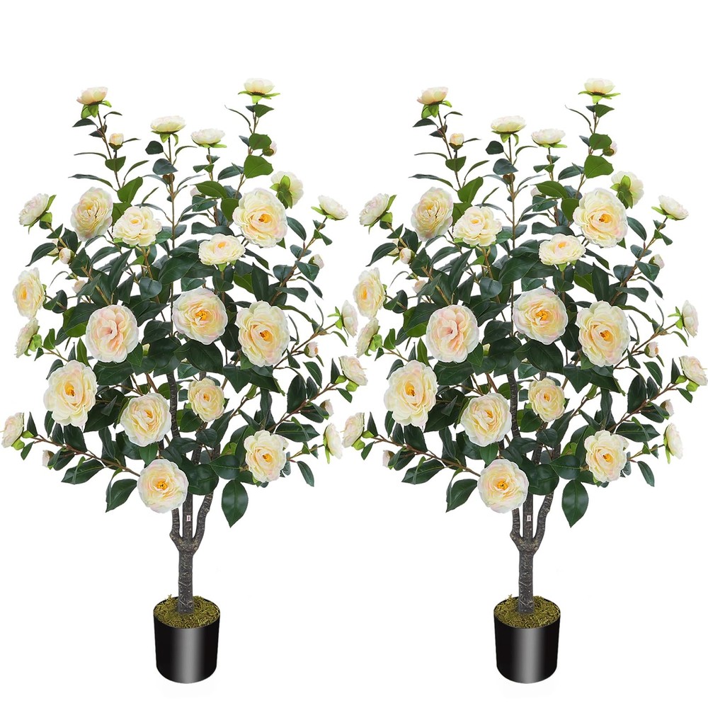 3.6FT Artificial Yellow Camellia Tree with 32 Flowers for Home Decor