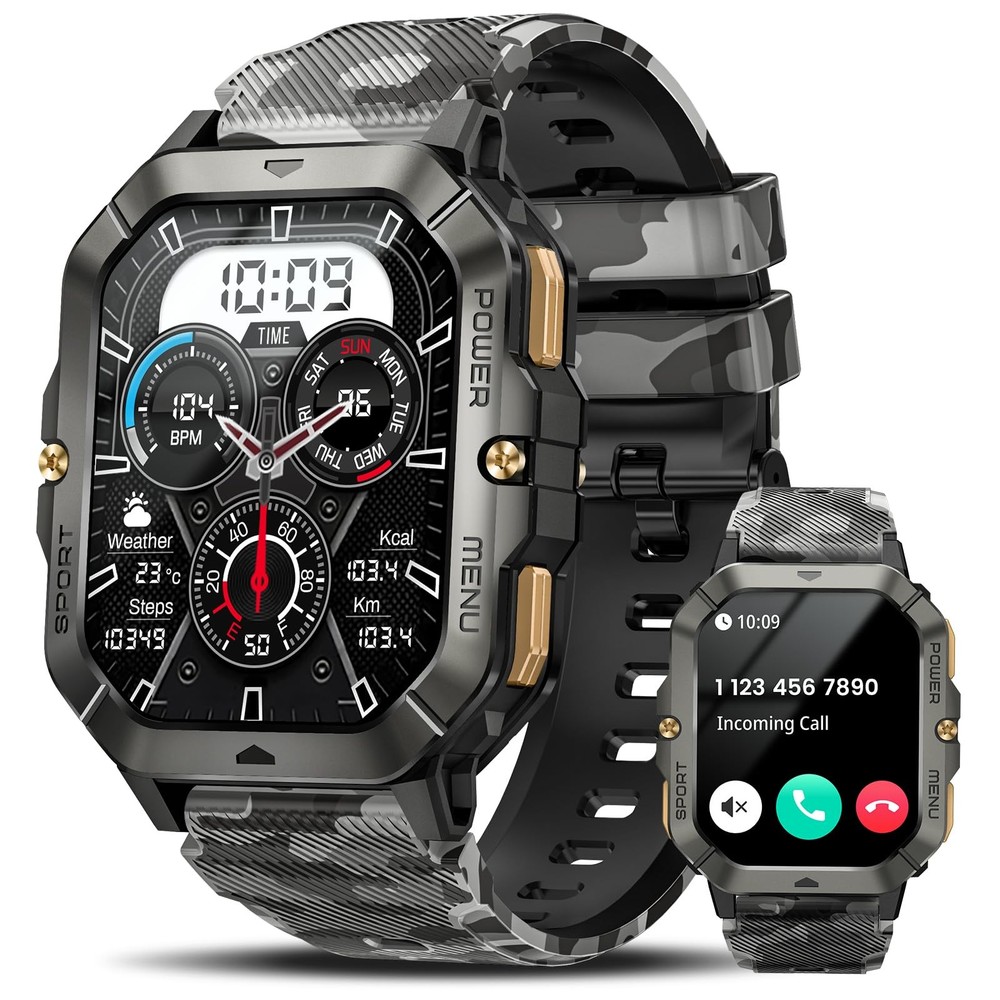 Military Smartwatch for Men with Blood Oxygen Monitor & Call Function
