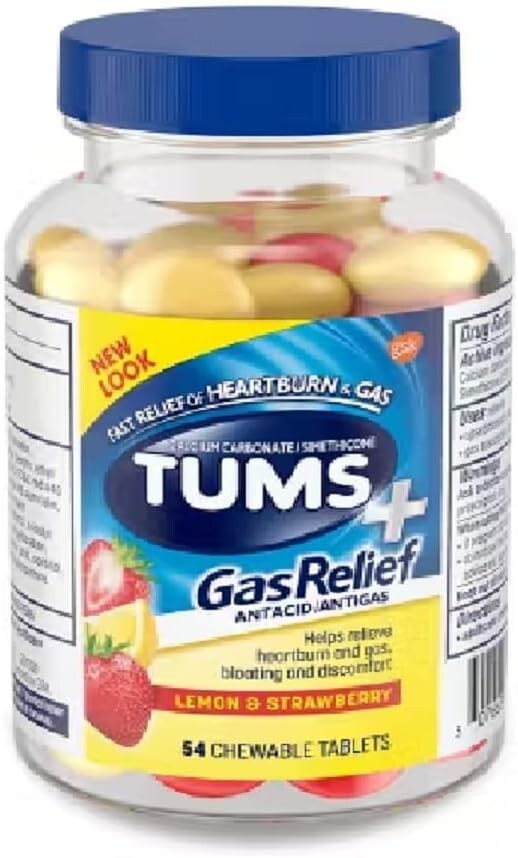 Tums+ Gas Relief, Antacid + Antigas Chewable Tablets, Lemon & Strawberry, 54 Ct