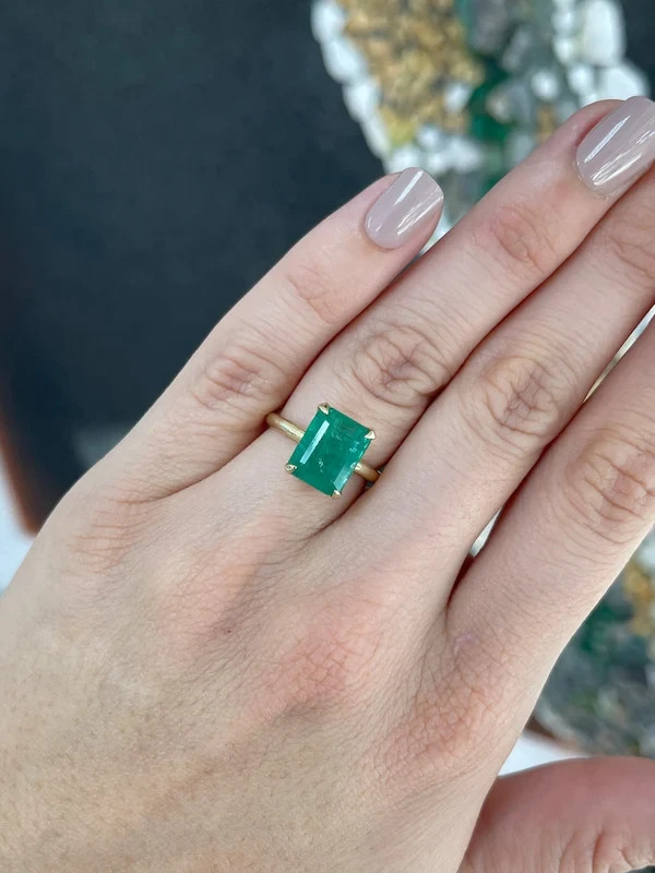 Emerald Cut Natural Green Emerald Christmas Sale Dainty Ring 14k Yellow Gold-image