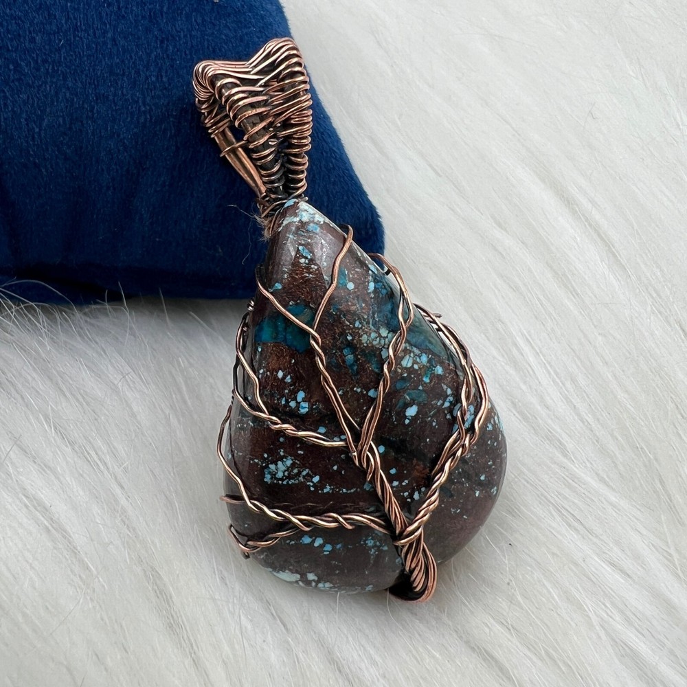 Azurite Gemstone Handmade Copper Wire Wrapped Pendant Christmas Gift MJP166