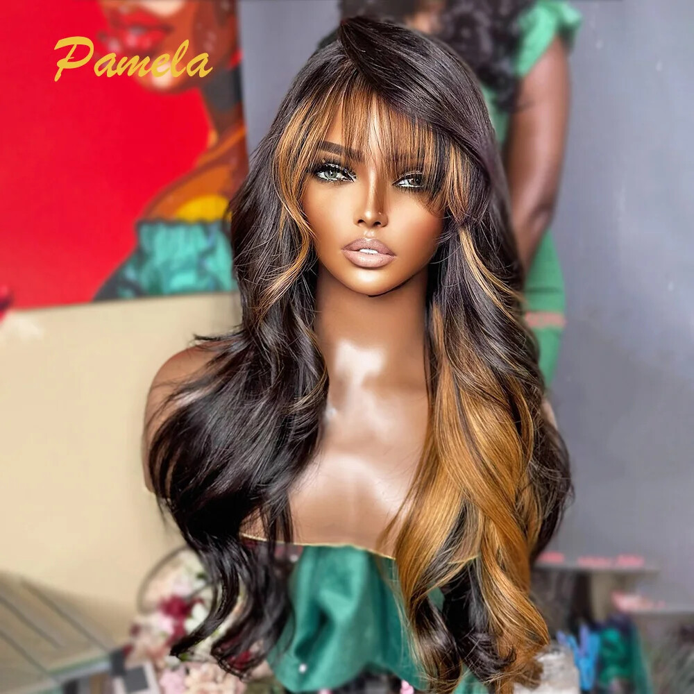 1B/30 Ombre Glueless Wavy Lace Front Wig With Bangs Human Hair