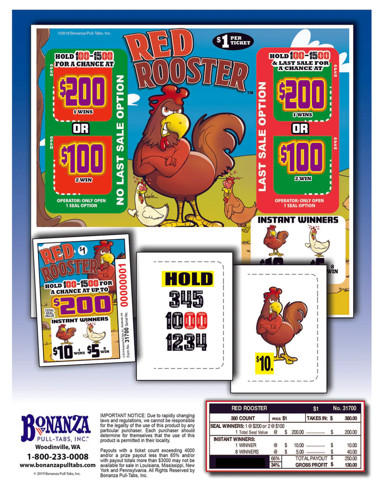 NEW Red Rooster 380ct Seal Game Pull Tabs *Free Shipping*