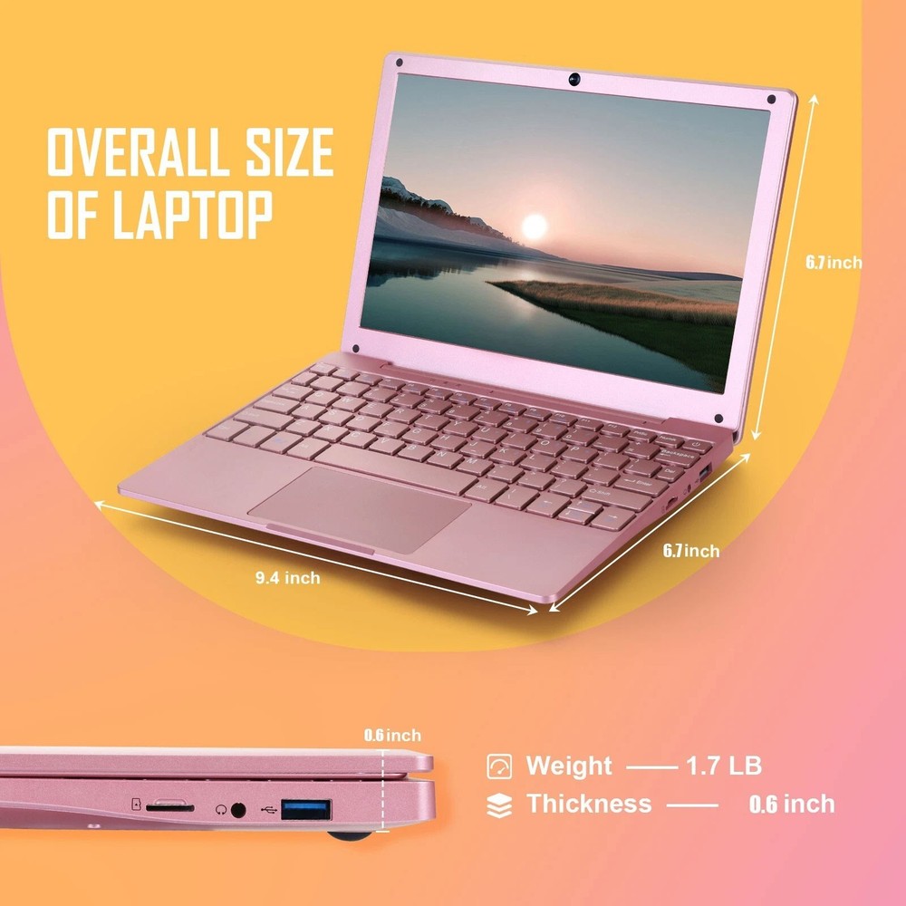 Windows 11 Laptop 10in Quad Core Notebook 8G+128G With Bluetooth WiFi Pink